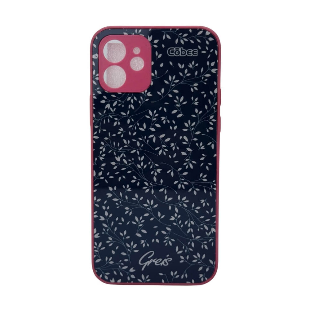 Estuche Cobee Glass iPhone 12 Greis #3 Hojitas Blancas - Fondo Azul